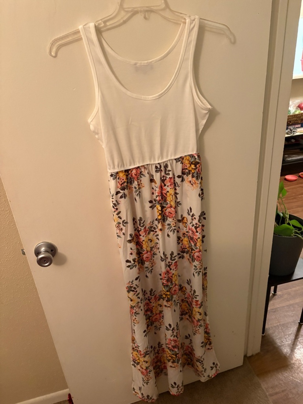 White Floral Scoop-Neck Maxi Dress with Pink & Yellow Accents
